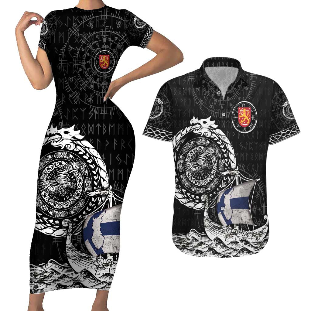 Personalized Viking Finland Couples Matching Short Sleeve Bodycon Dress and Hawaiian Shirt Finnish Viking Ship