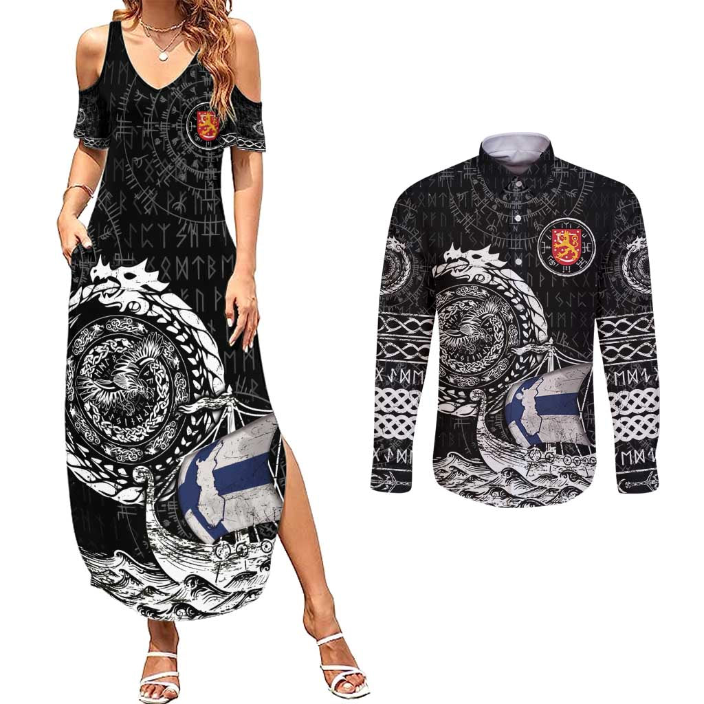 Personalized Viking Finland Couples Matching Summer Maxi Dress and Long Sleeve Button Shirt Finnish Viking Ship