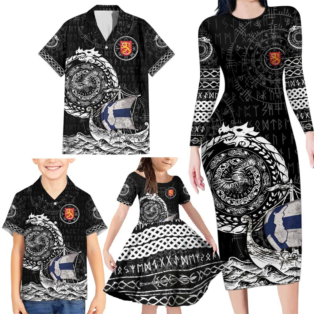 Personalized Viking Finland Family Matching Long Sleeve Bodycon Dress and Hawaiian Shirt Finnish Viking Ship