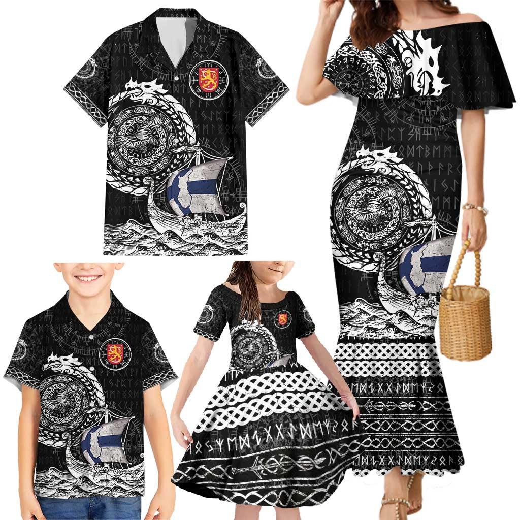 Personalized Viking Finland Family Matching Mermaid Dress and Hawaiian Shirt Finnish Viking Ship