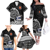 Personalized Viking Finland Family Matching Off The Shoulder Long Sleeve Dress and Hawaiian Shirt Finnish Viking Ship