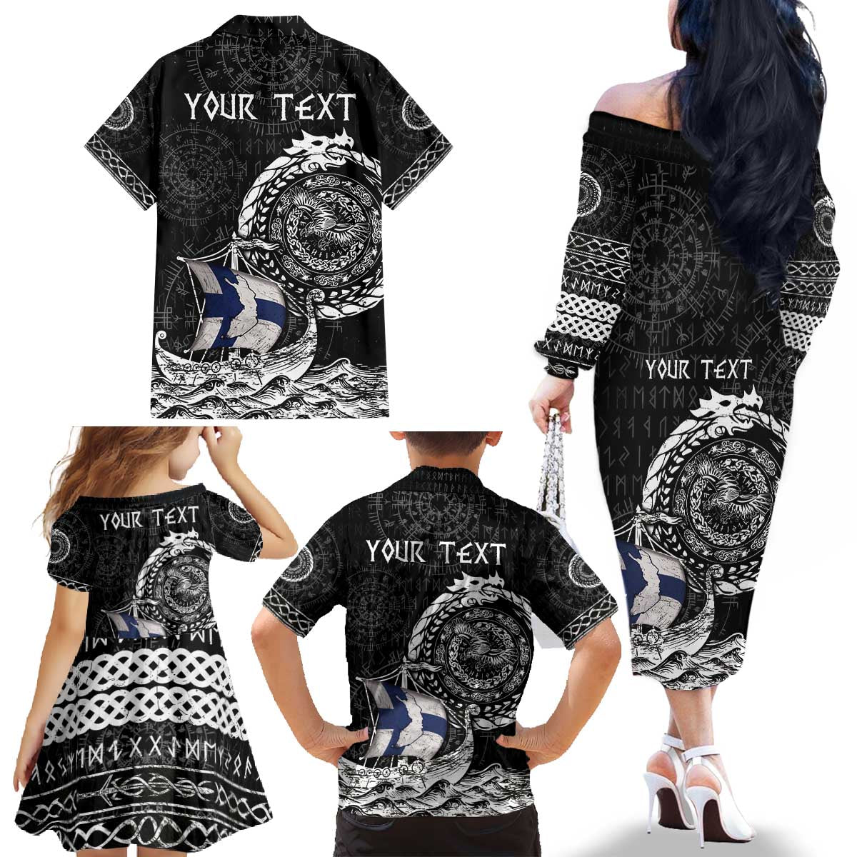 Personalized Viking Finland Family Matching Off The Shoulder Long Sleeve Dress and Hawaiian Shirt Finnish Viking Ship