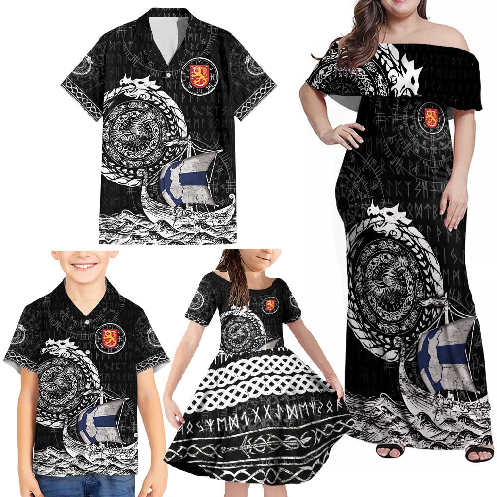 Personalized Viking Finland Family Matching Off Shoulder Maxi Dress and Hawaiian Shirt Finnish Viking Ship