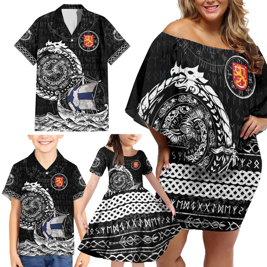 Personalized Viking Finland Family Matching Off Shoulder Short Dress and Hawaiian Shirt Finnish Viking Ship
