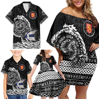 Personalized Viking Finland Family Matching Off Shoulder Short Dress and Hawaiian Shirt Finnish Viking Ship