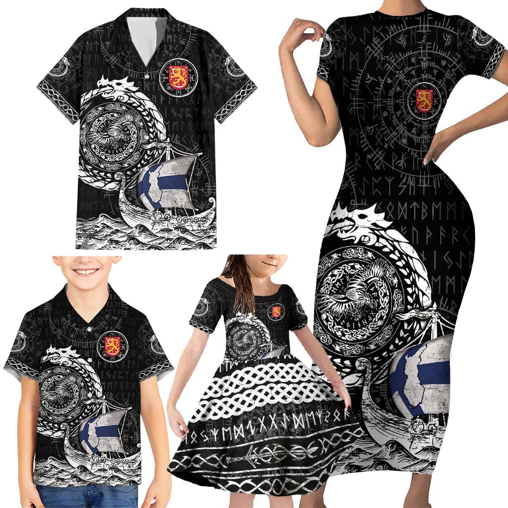 Personalized Viking Finland Family Matching Short Sleeve Bodycon Dress and Hawaiian Shirt Finnish Viking Ship