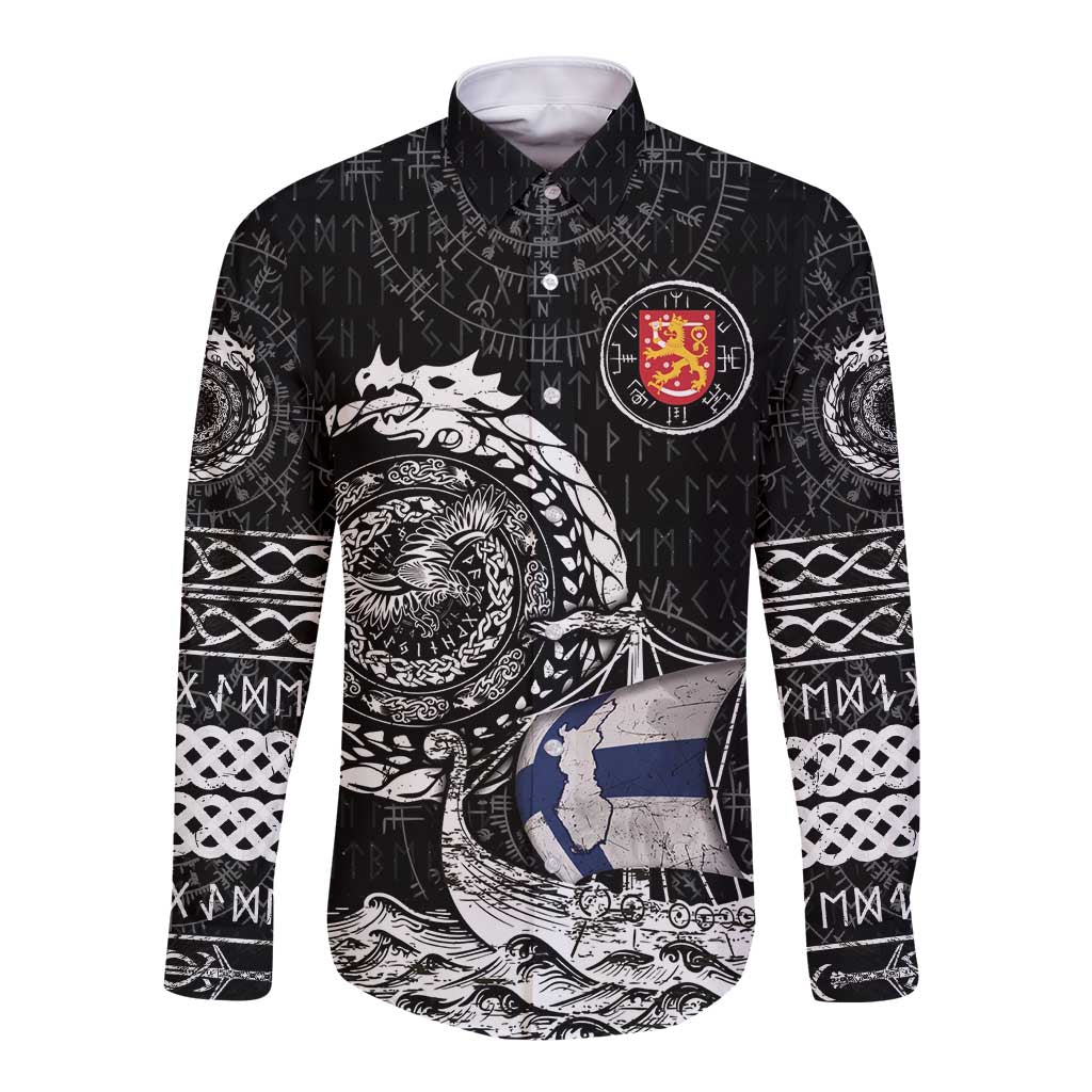 Personalized Viking Finland Long Sleeve Button Shirt Finnish Viking Ship