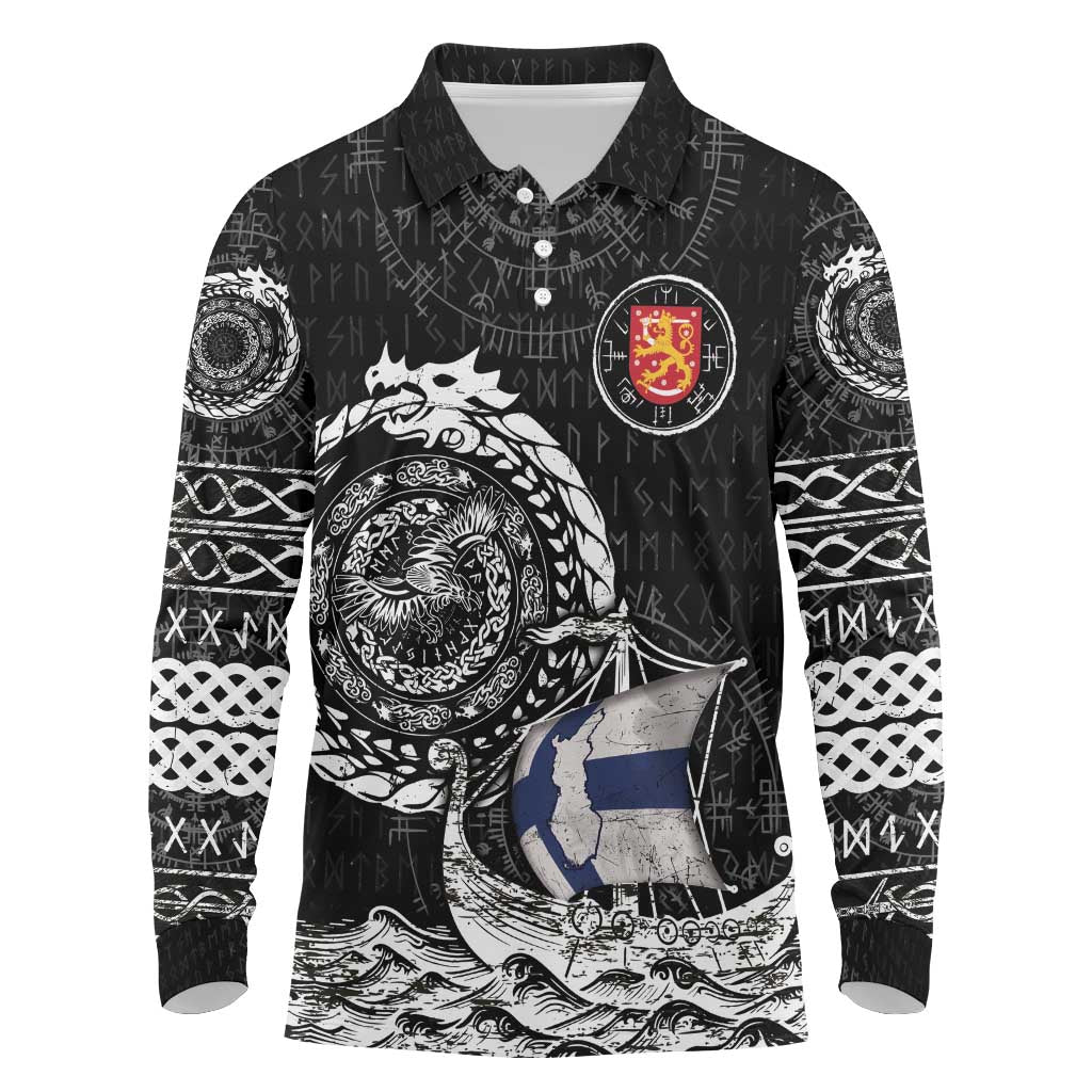 Personalized Viking Finland Long Sleeve Polo Shirt Finnish Viking Ship