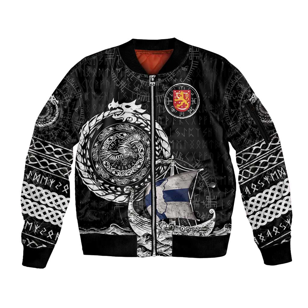 Personalized Viking Finland Sleeve Zip Bomber Jacket Finnish Viking Ship