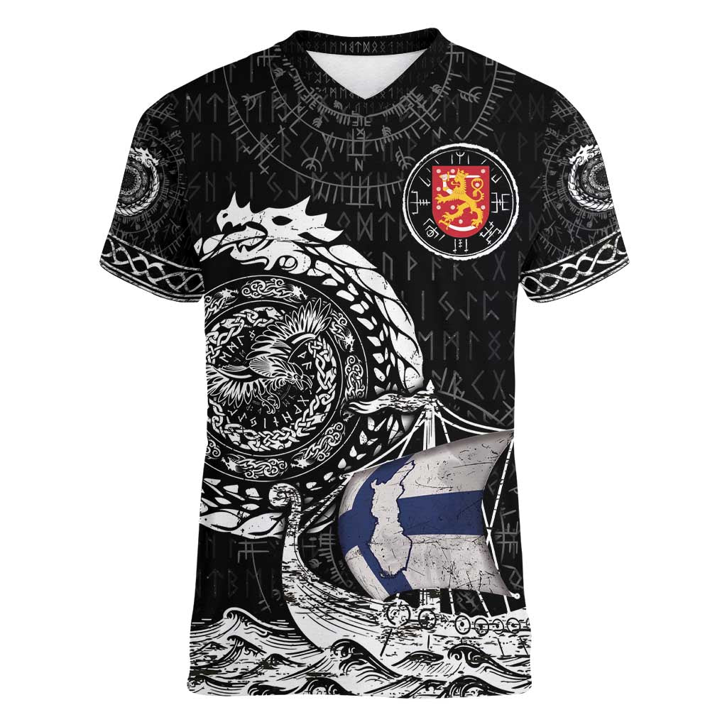 Personalized Viking Finland Women V-Neck T-Shirt Finnish Viking Ship