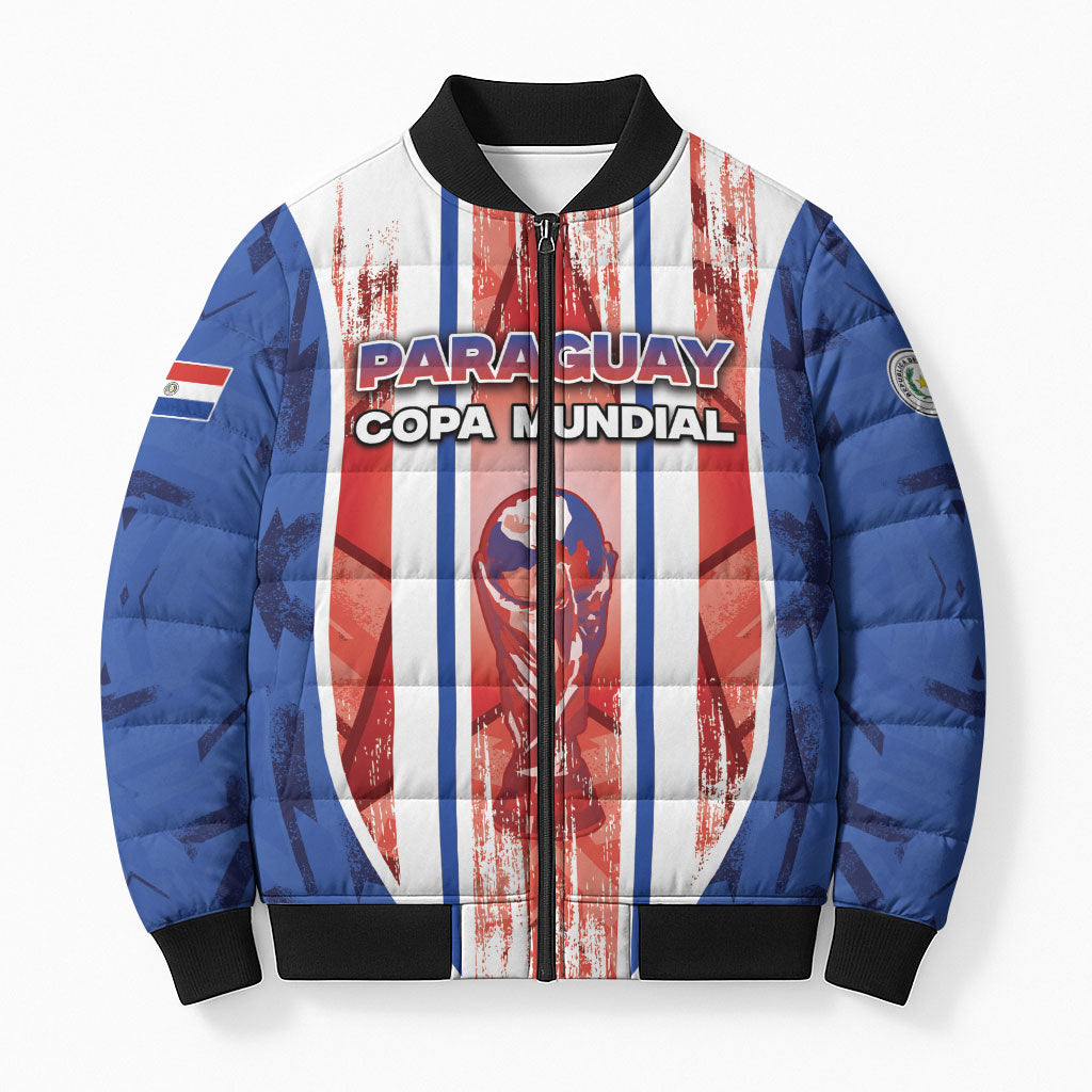 Custom Paraguay Football Bomber Puffer Jacket Trophy Grunge Stripes
