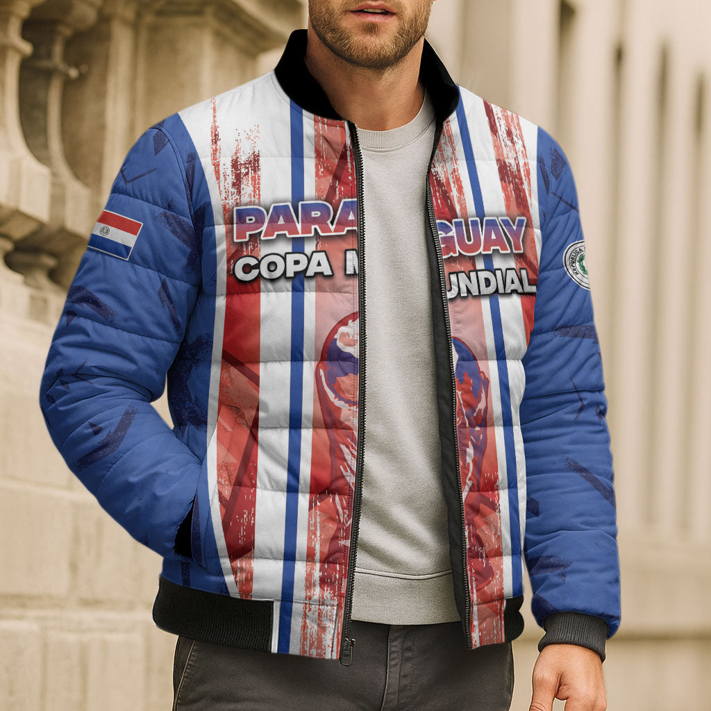 Custom Paraguay Football Bomber Puffer Jacket Trophy Grunge Stripes