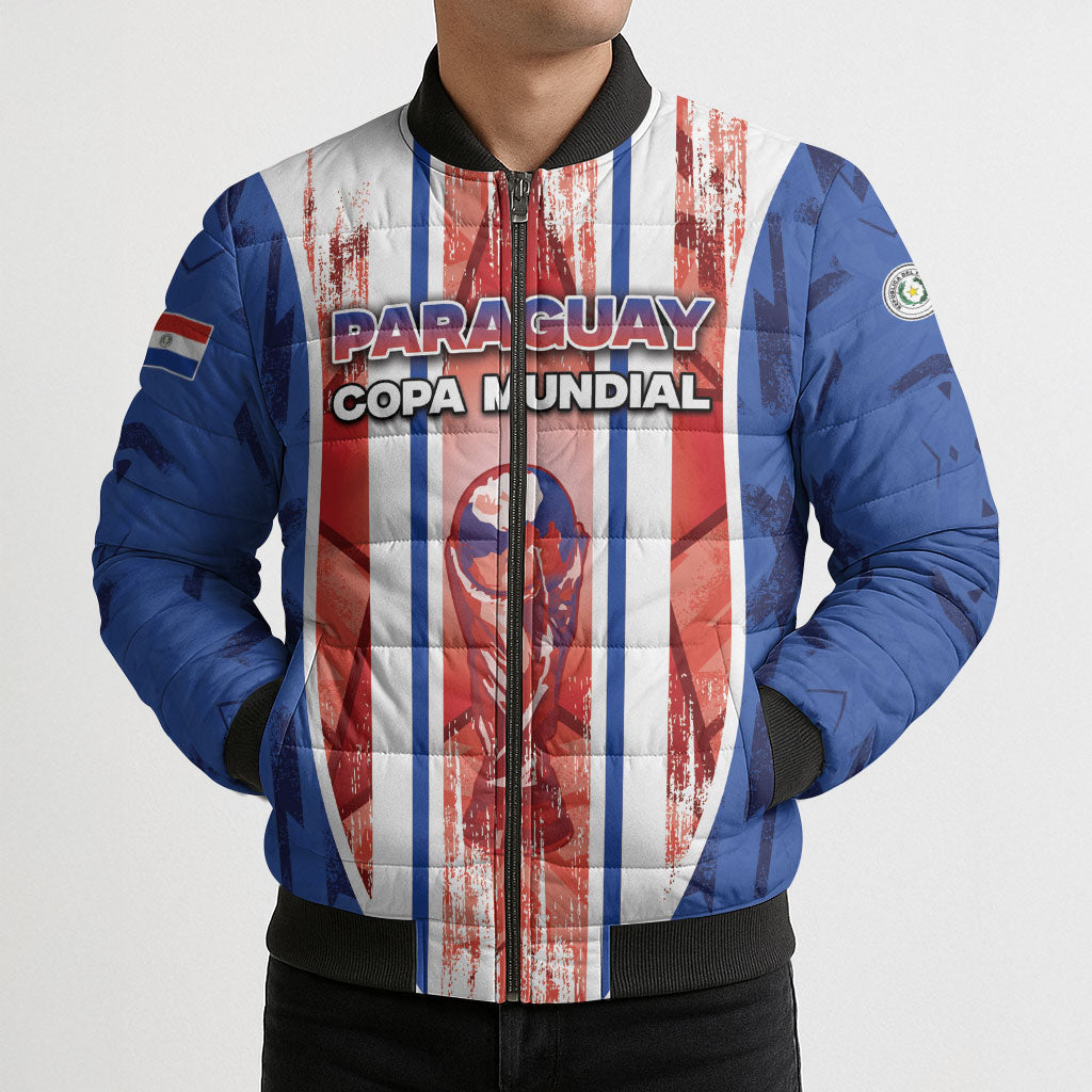 Custom Paraguay Football Bomber Puffer Jacket Trophy Grunge Stripes