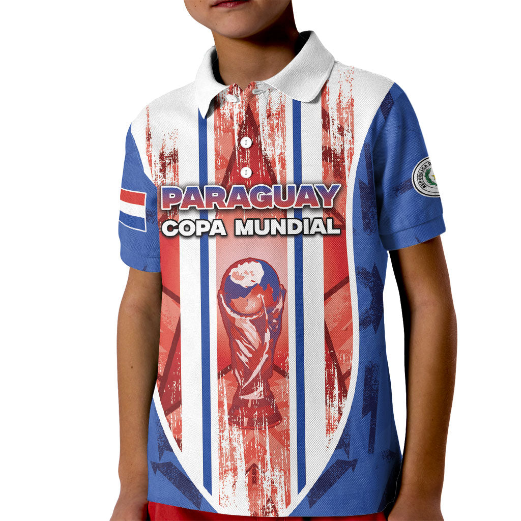 Custom Paraguay Football Kid Polo Shirt Trophy Grunge Stripes
