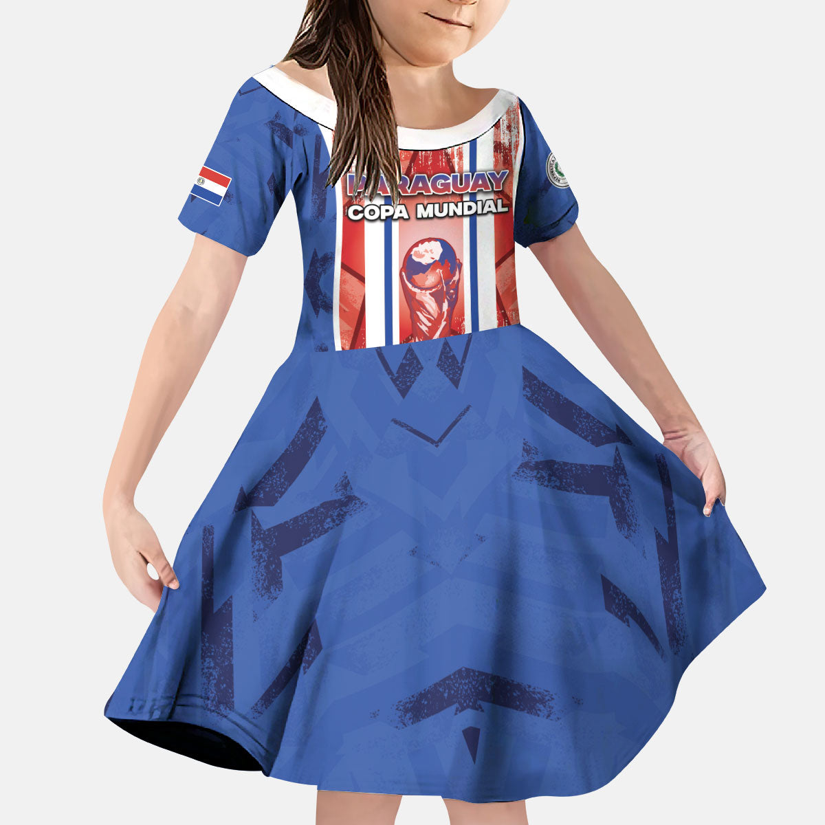 Custom Paraguay Football Kid Short Sleeve Dress Trophy Grunge Stripes