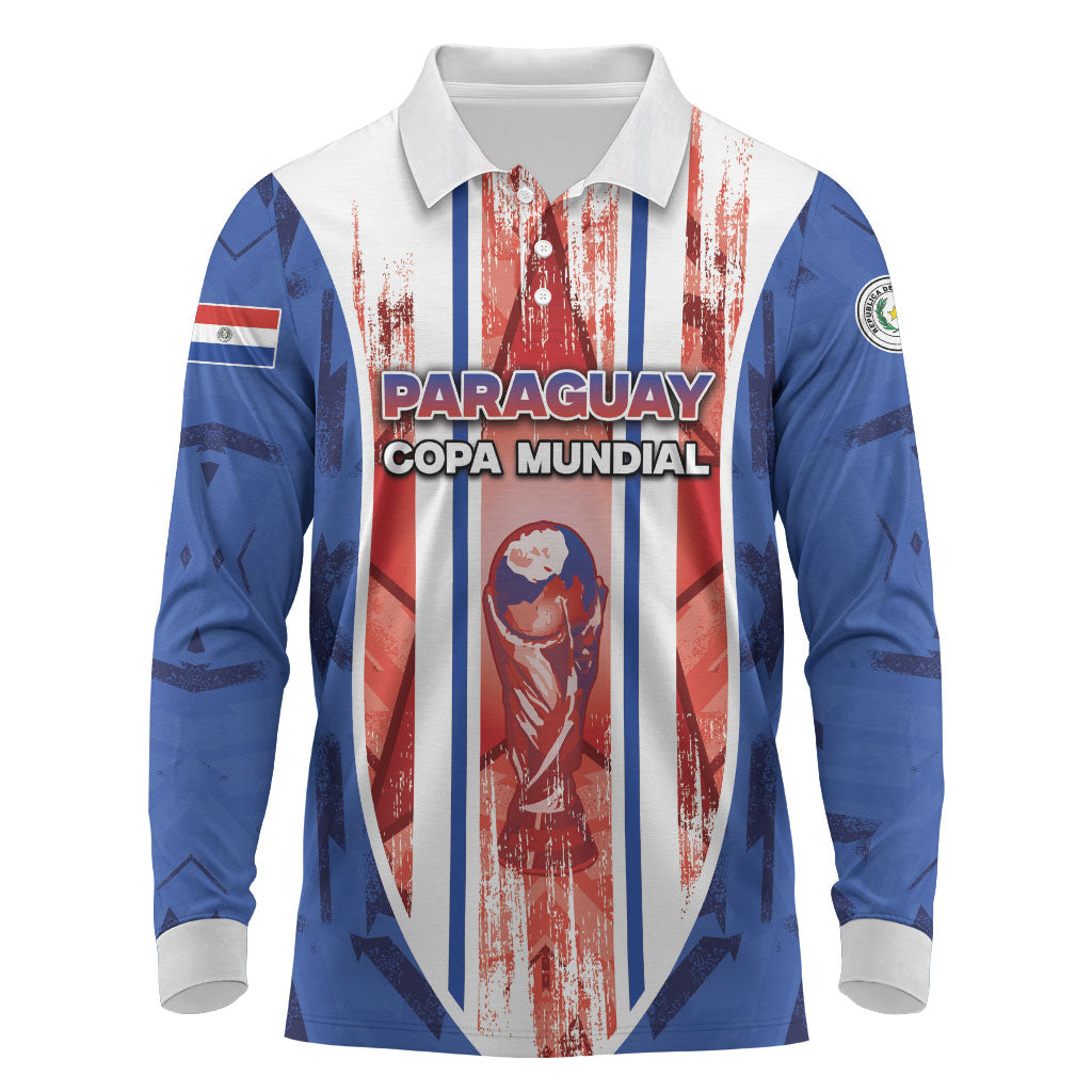 Custom Paraguay Football Long Sleeve Polo Shirt Trophy Grunge Stripes