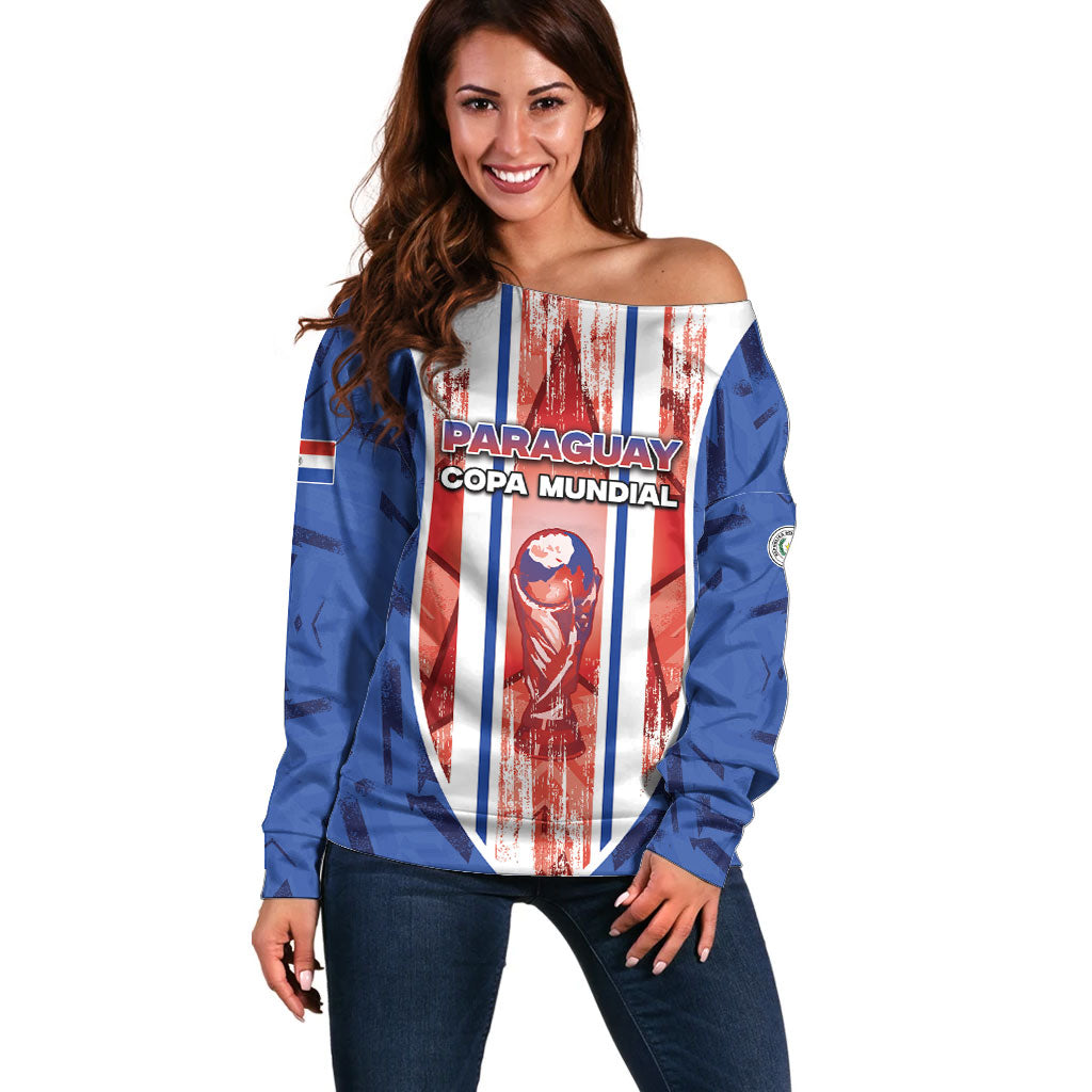 Custom Paraguay Football Off Shoulder Sweater Trophy Grunge Stripes