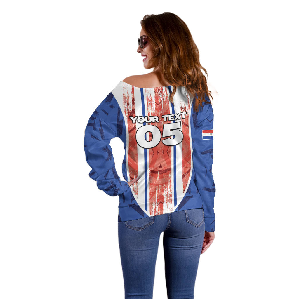 Custom Paraguay Football Off Shoulder Sweater Trophy Grunge Stripes