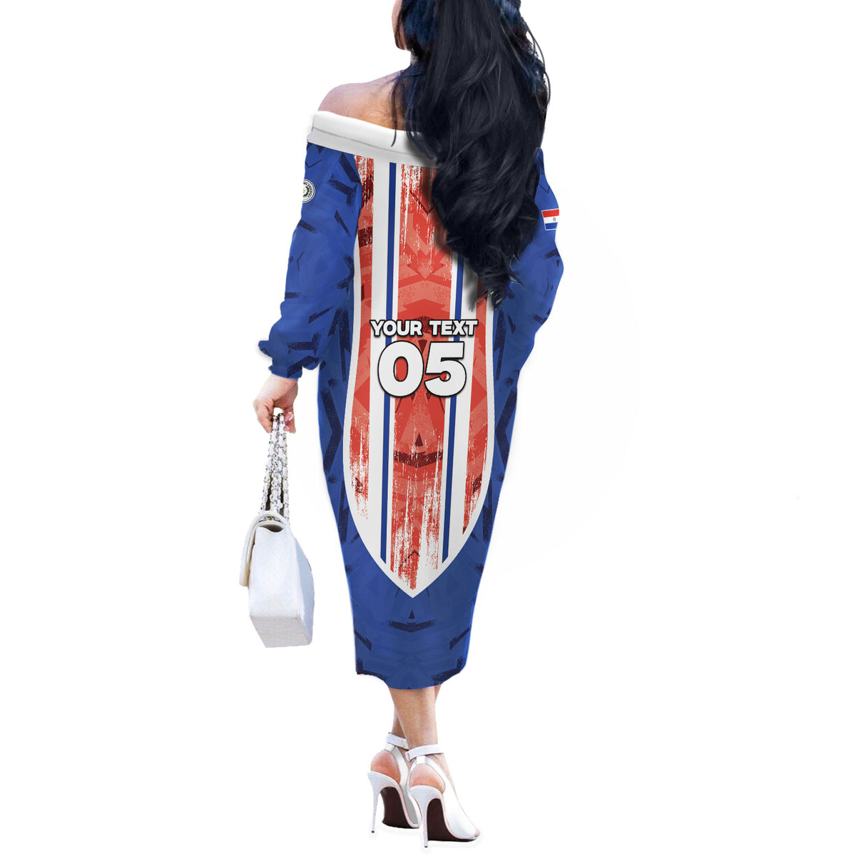Custom Paraguay Football Off The Shoulder Long Sleeve Dress Trophy Grunge Stripes