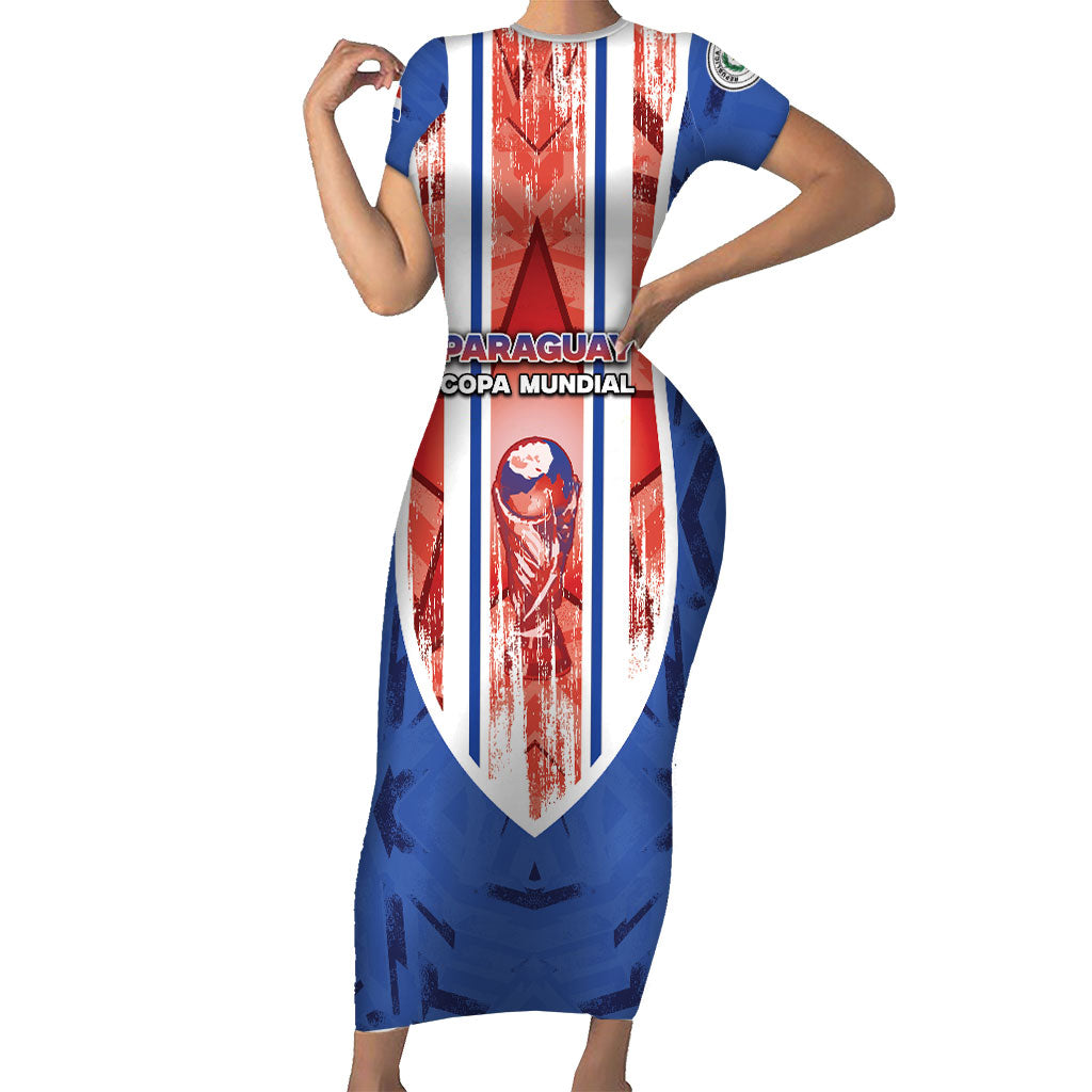 Custom Paraguay Football Short Sleeve Bodycon Dress Trophy Grunge Stripes