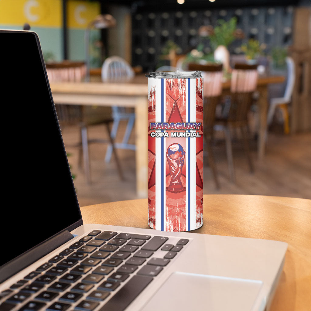 Custom Paraguay Football Skinny Tumbler Trophy Grunge Stripes