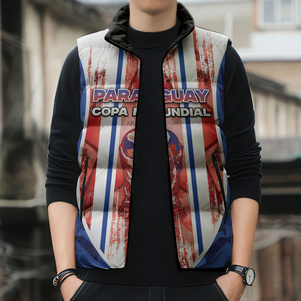 Custom Paraguay Football Sleeveless Puffer Jacket Trophy Grunge Stripes
