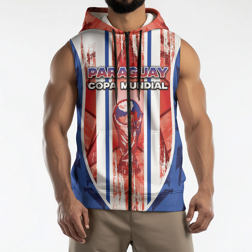 Custom Paraguay Football Sleeveless Zip Hoodie Trophy Grunge Stripes