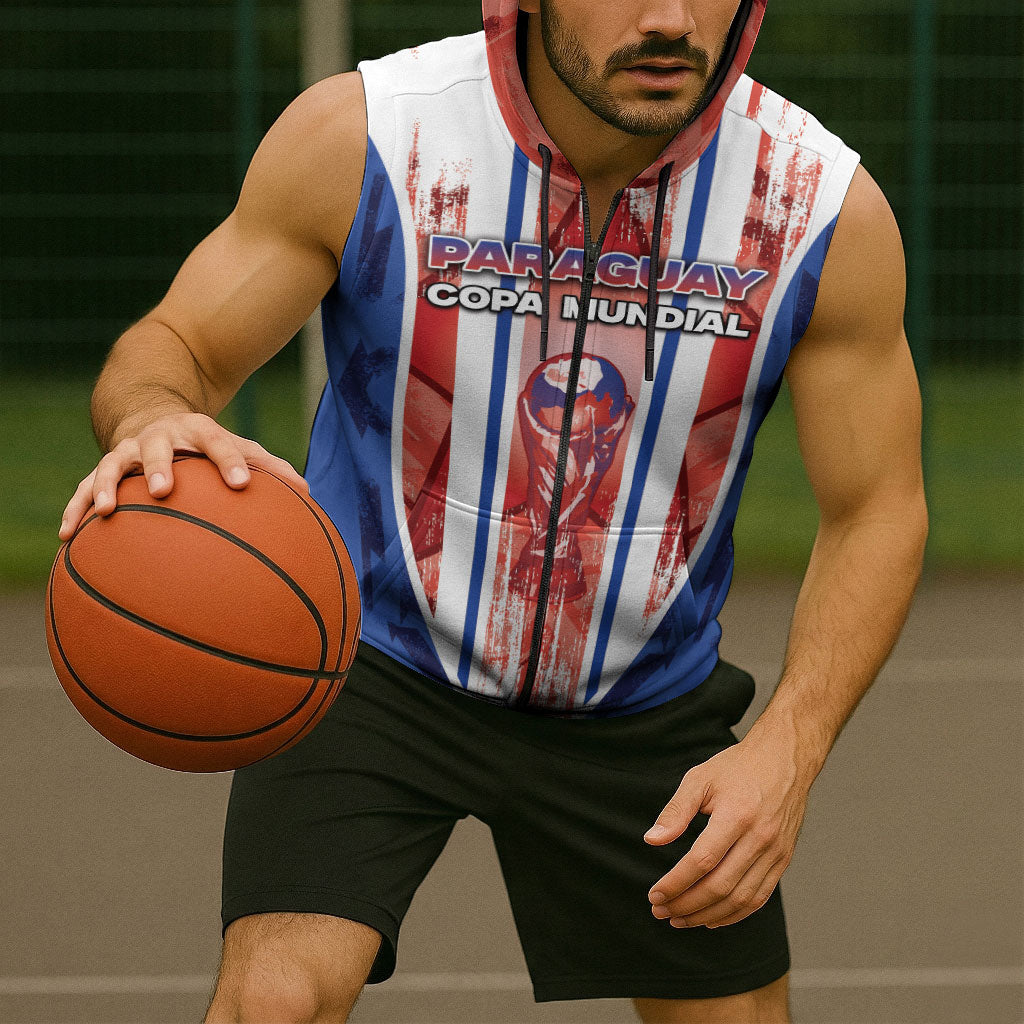 Custom Paraguay Football Sleeveless Zip Hoodie Trophy Grunge Stripes