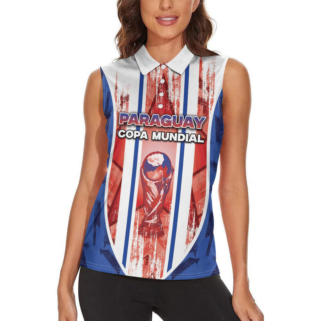 Custom Paraguay Football Women Sleeveless Polo Shirt Trophy Grunge Stripes