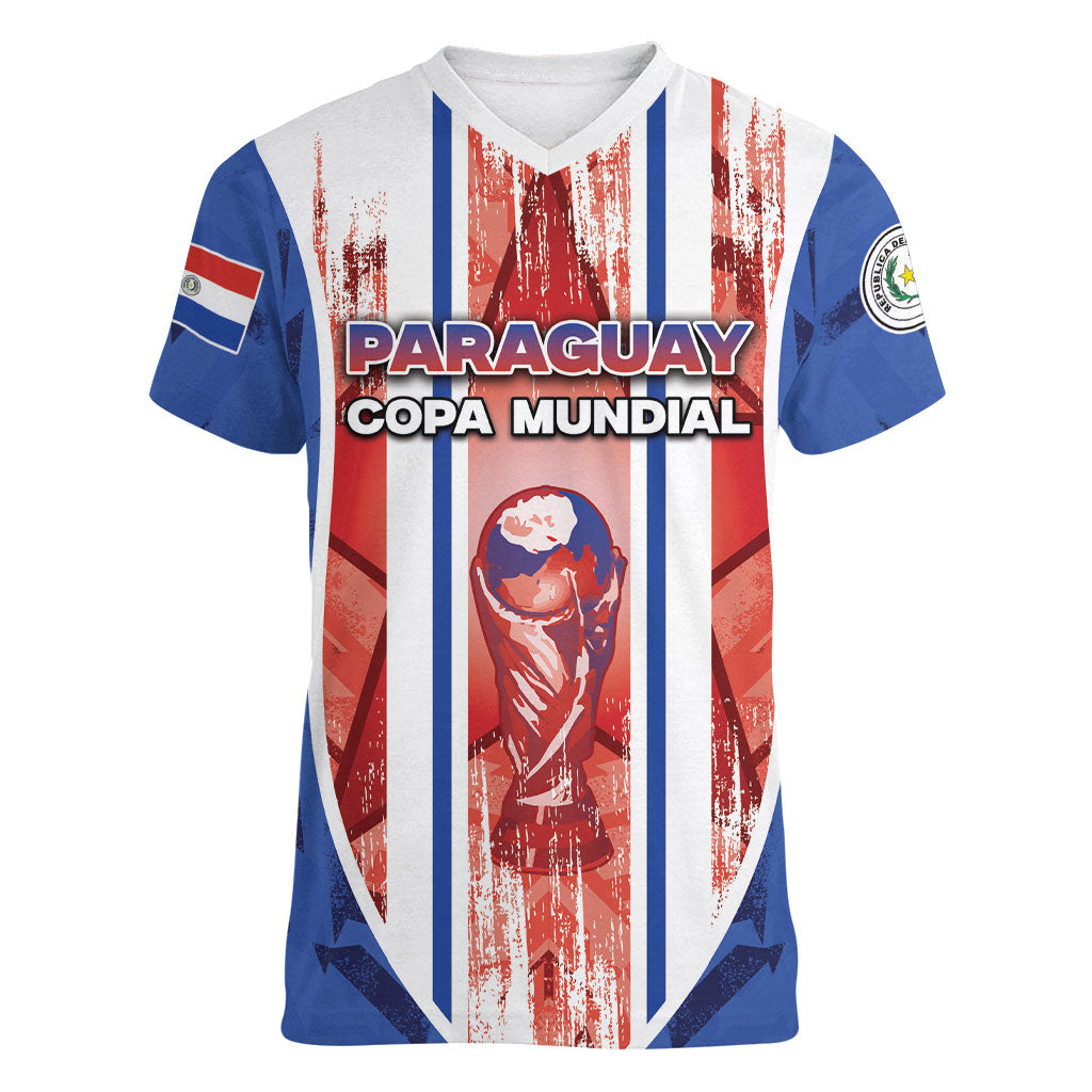 Custom Paraguay Football Women V-Neck T-Shirt Trophy Grunge Stripes