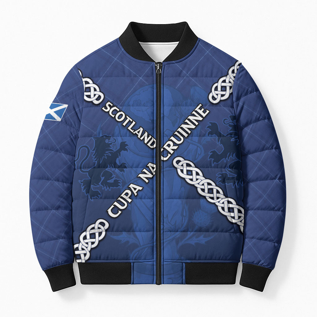 Custom Scotland Football Bomber Puffer Jacket Saltire Celtic Knot Lion Rampant