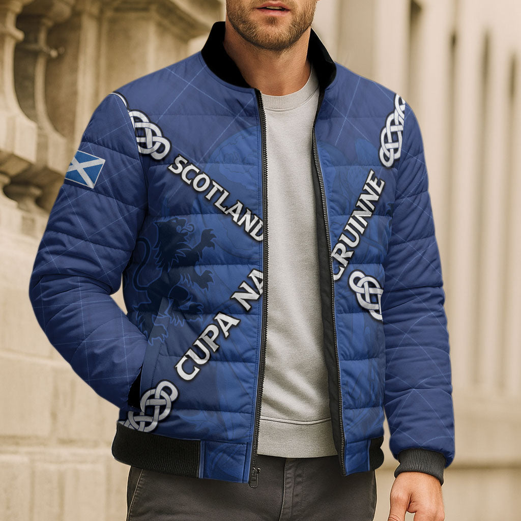 Custom Scotland Football Bomber Puffer Jacket Saltire Celtic Knot Lion Rampant