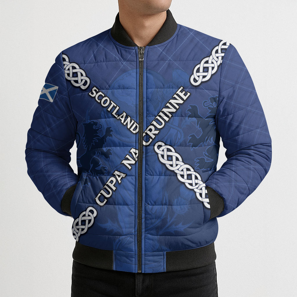 Custom Scotland Football Bomber Puffer Jacket Saltire Celtic Knot Lion Rampant