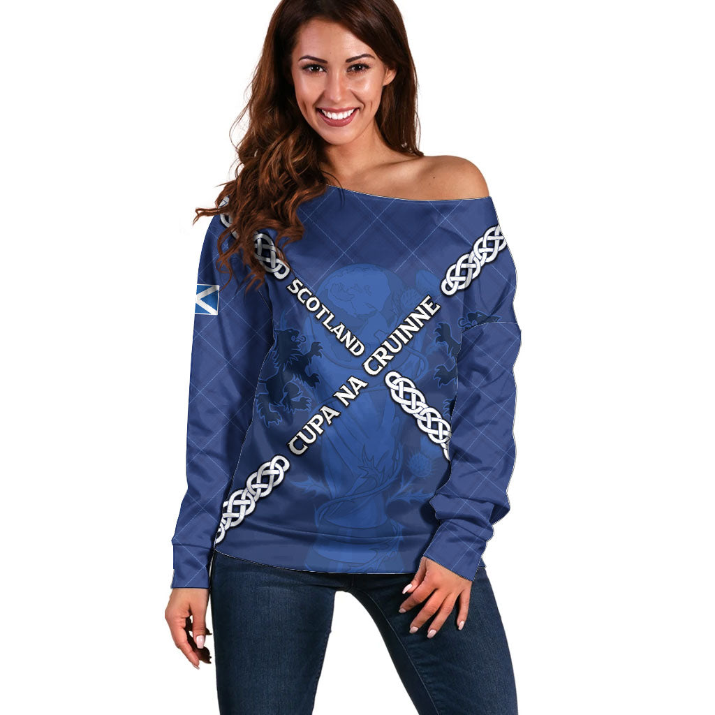Custom Scotland Football Off Shoulder Sweater Saltire Celtic Knot Lion Rampant