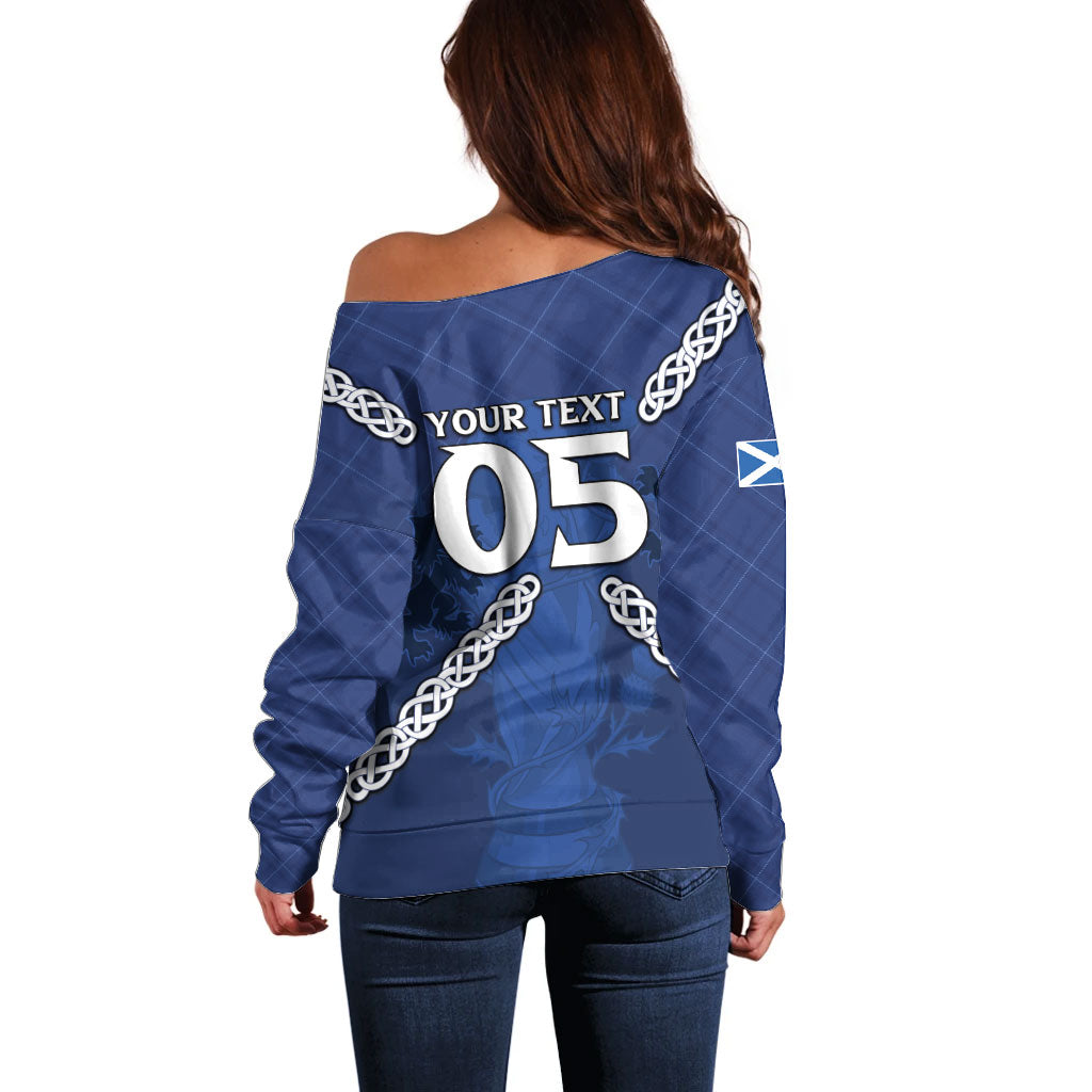 Custom Scotland Football Off Shoulder Sweater Saltire Celtic Knot Lion Rampant