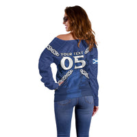 Custom Scotland Football Off Shoulder Sweater Saltire Celtic Knot Lion Rampant