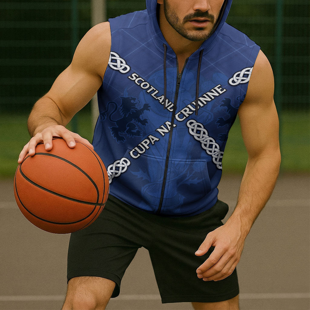 Custom Scotland Football Sleeveless Zip Hoodie Saltire Celtic Knot Lion Rampant