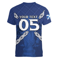 Custom Scotland Football Women V-Neck T-Shirt Saltire Celtic Knot Lion Rampant