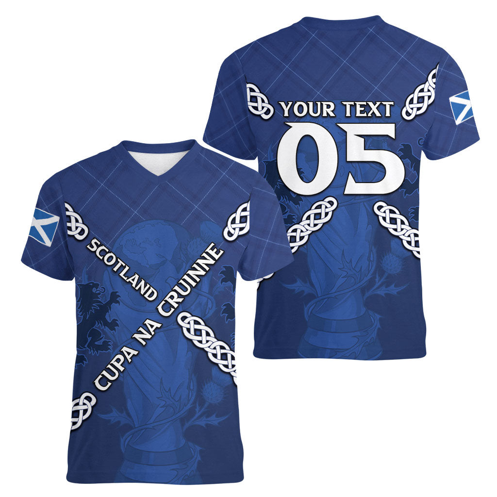 Custom Scotland Football Women V-Neck T-Shirt Saltire Celtic Knot Lion Rampant