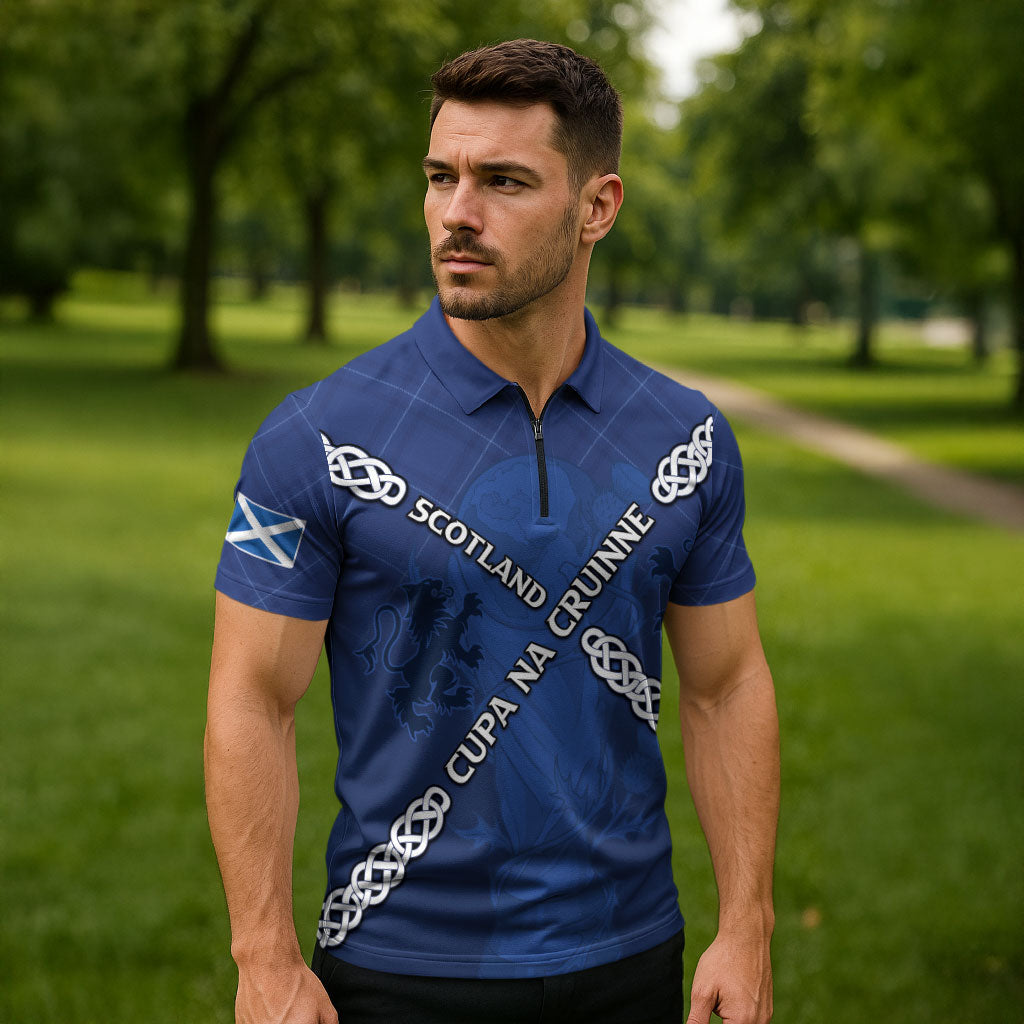 Custom Scotland Football Zipper Polo Shirt Saltire Celtic Knot Lion Rampant