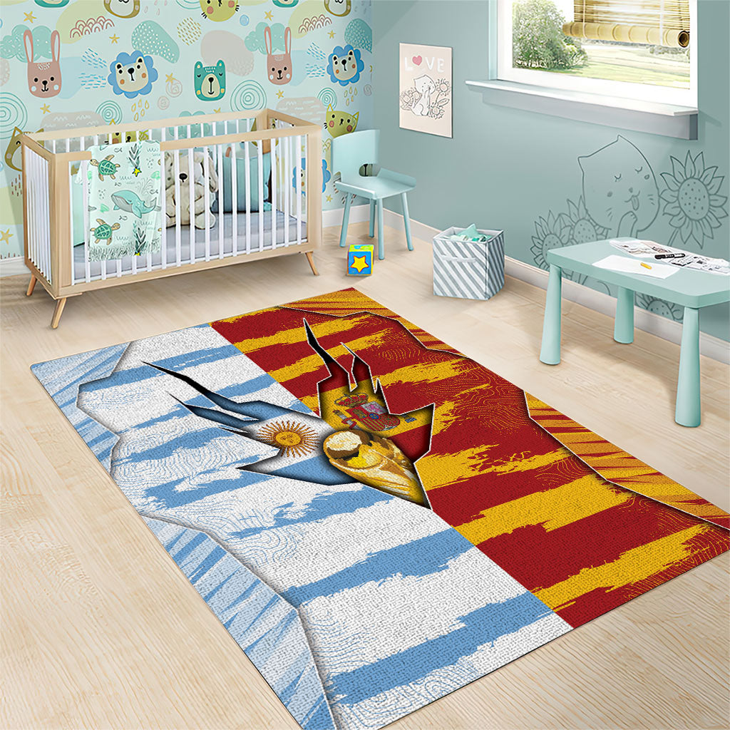 Argentina And Spain Football Area Rug Split Flag Golden Trophy Grunge