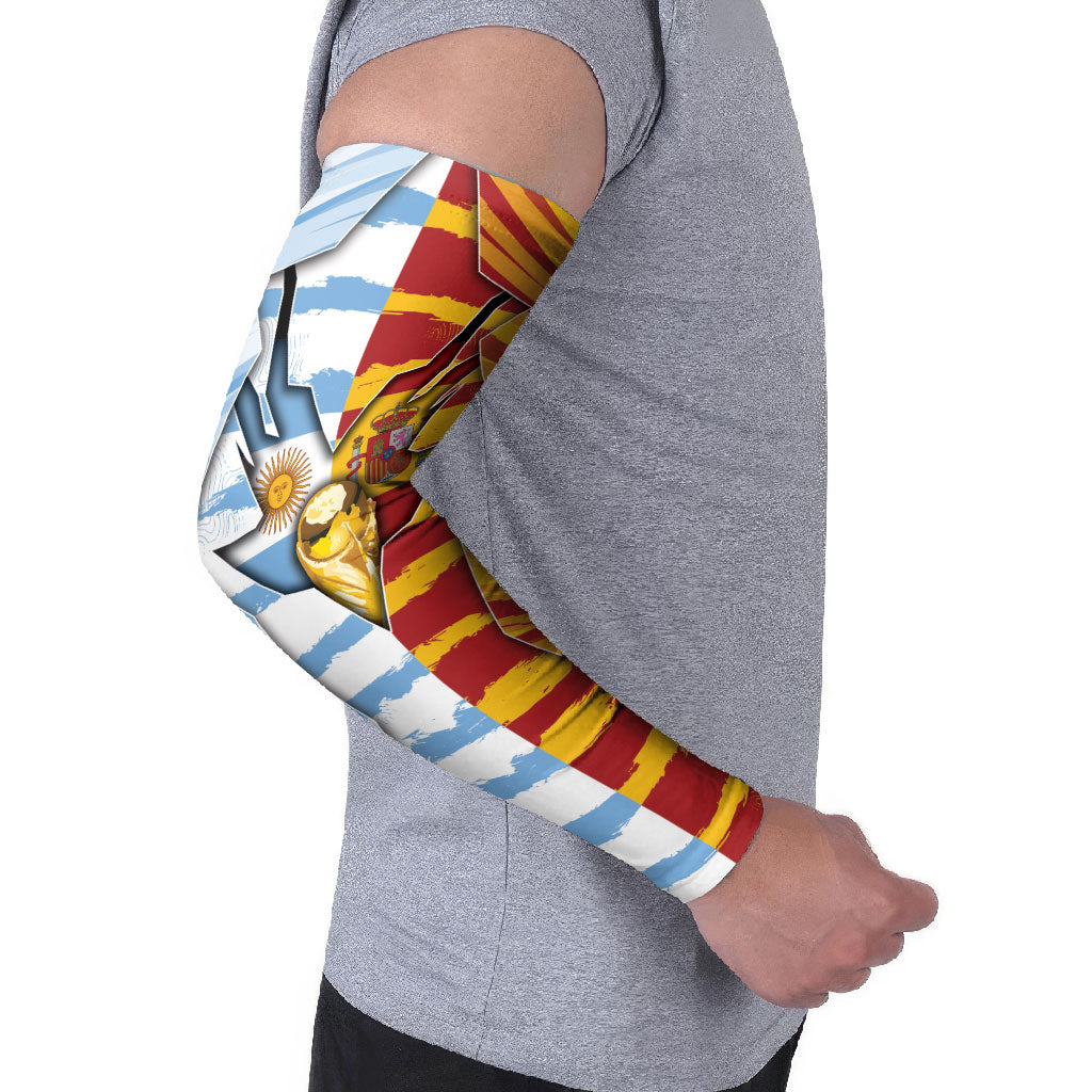 Custom Argentina And Spain Football Arm Sleeves Split Flag Golden Trophy Grunge