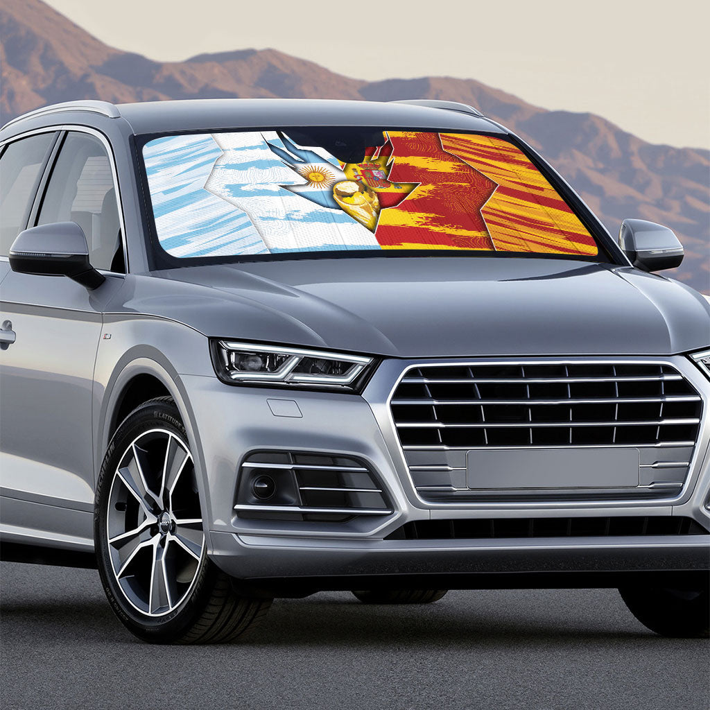 Argentina And Spain Football Auto Sun Shade Split Flag Golden Trophy Grunge