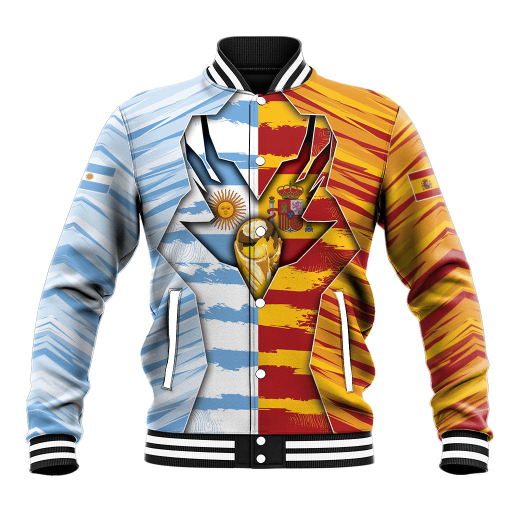 Custom Argentina And Spain Football Baseball Jacket Split Flag Golden Trophy Grunge