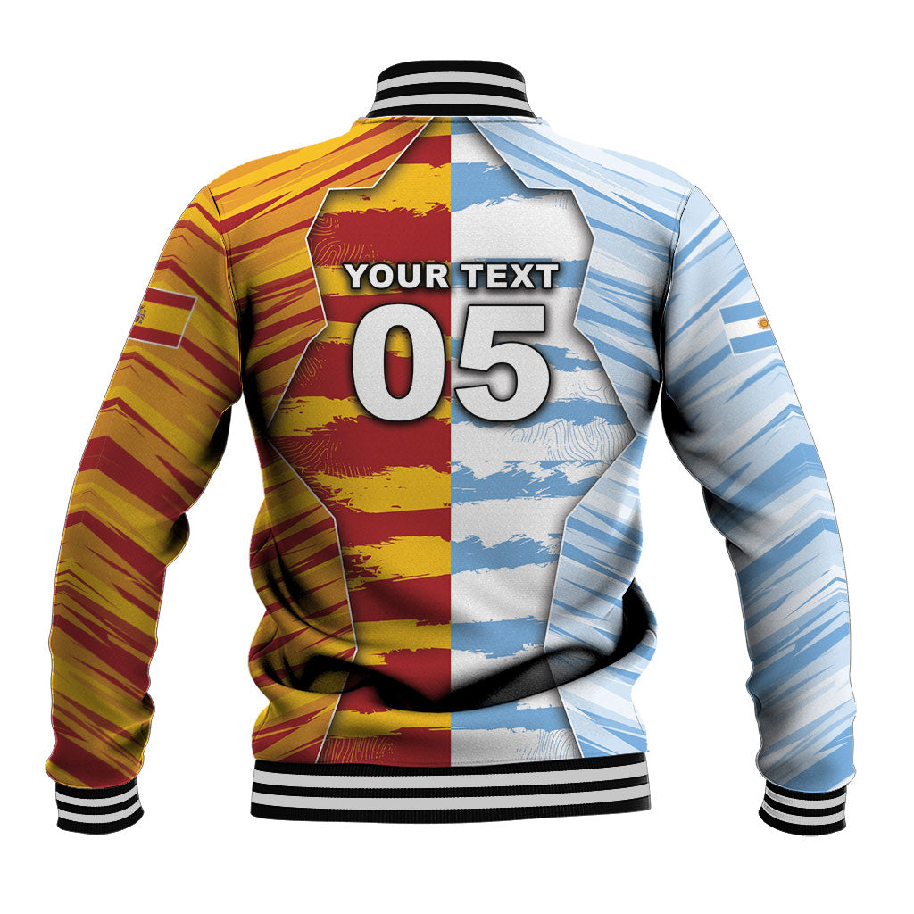 Custom Argentina And Spain Football Baseball Jacket Split Flag Golden Trophy Grunge