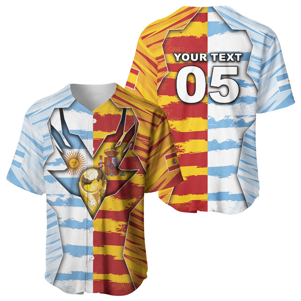 Custom Argentina And Spain Football Baseball Jersey Split Flag Golden Trophy Grunge