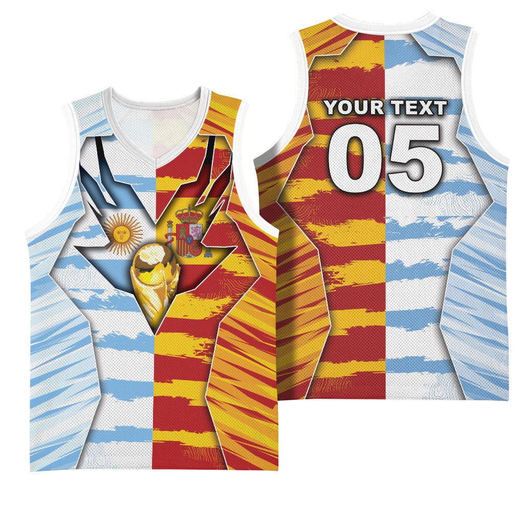 Custom Argentina And Spain Football Basketball Jersey Split Flag Golden Trophy Grunge