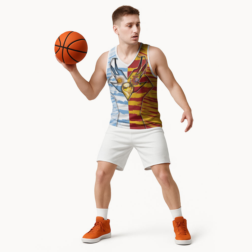 Custom Argentina And Spain Football Basketball Jersey Split Flag Golden Trophy Grunge