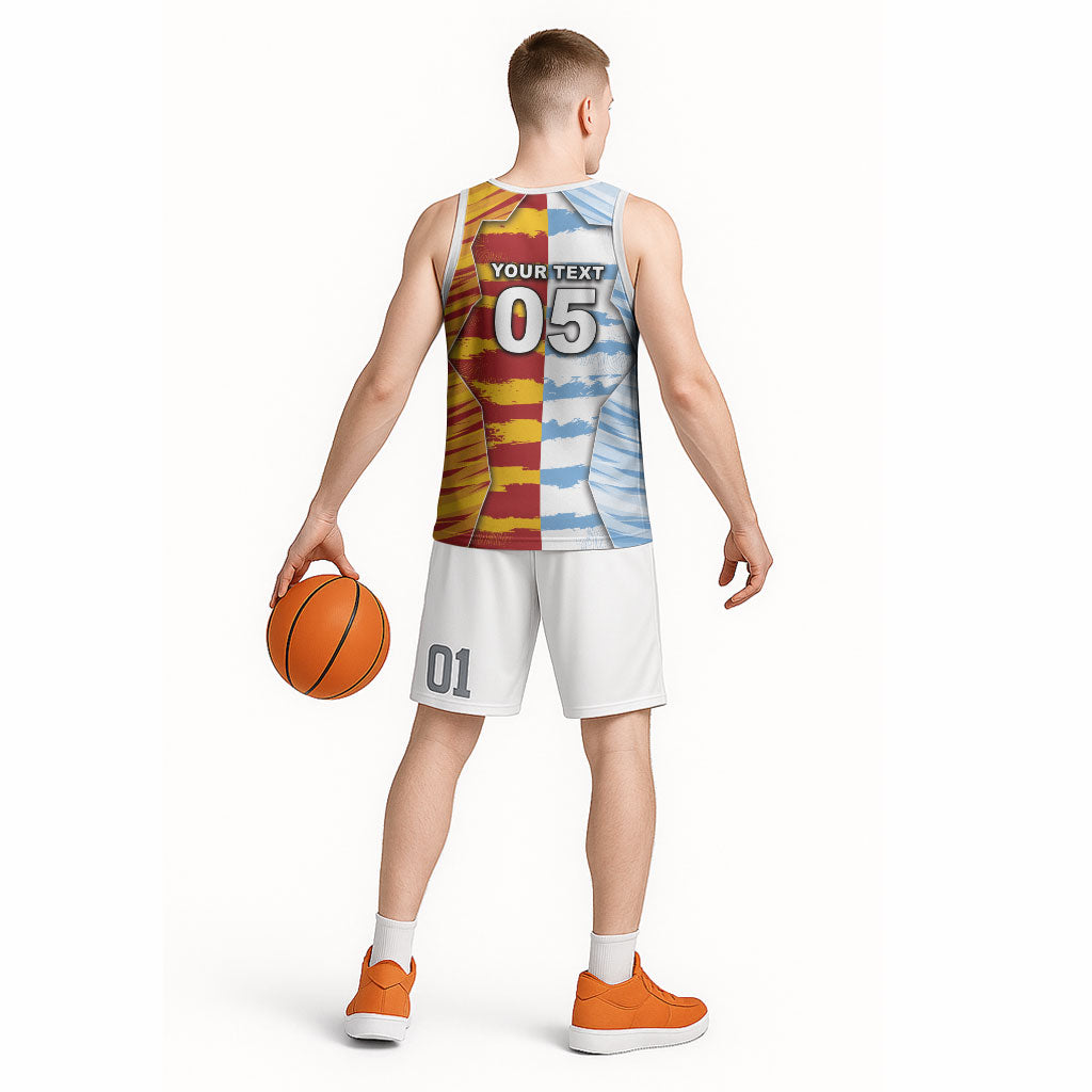 Custom Argentina And Spain Football Basketball Jersey Split Flag Golden Trophy Grunge
