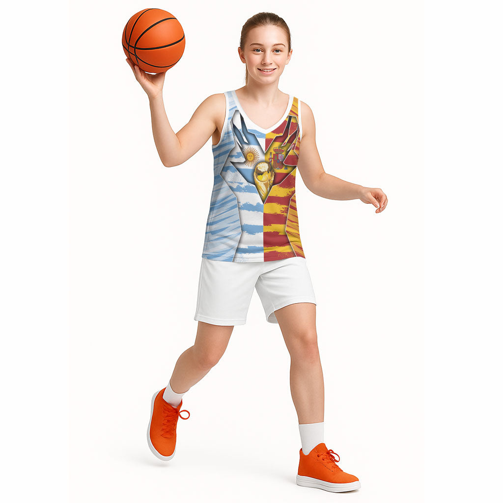 Custom Argentina And Spain Football Basketball Jersey Split Flag Golden Trophy Grunge